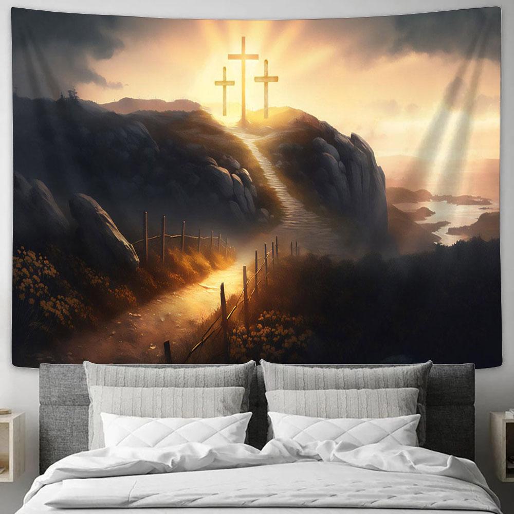 Easter Cross Dawn Tapestry Pictures - Faith Art - Christian Tapestry Wall Art Decor