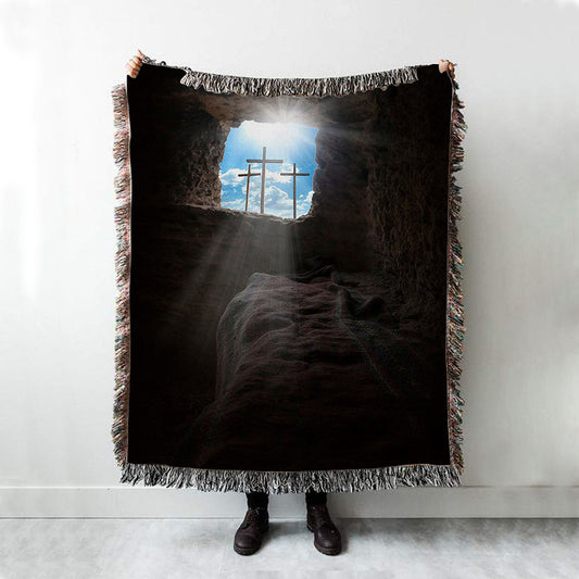 Easter Morning Golgotha Hill Cross Resurrection Woven Blanket Prints - Religious Woven Blanket Art - Christian Boho Blanket