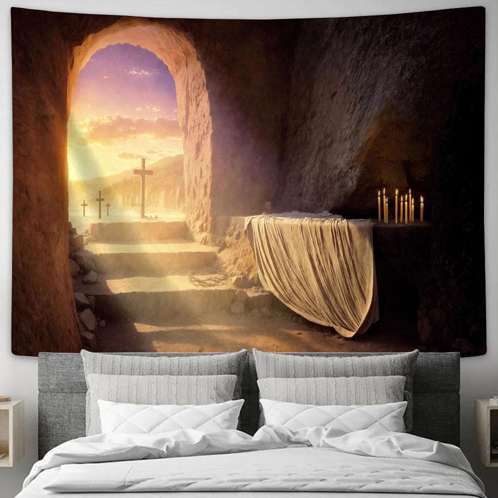 Empty Tomb Christ With Crucifixes Tapestry Pictures - Faith Art - Christian Tapestry Wall Art Decor