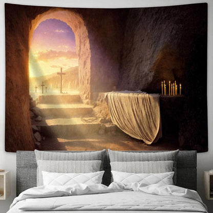 Empty Tomb Christ With Crucifixes Tapestry Pictures - Faith Art - Christian Tapestry Wall Art Decor