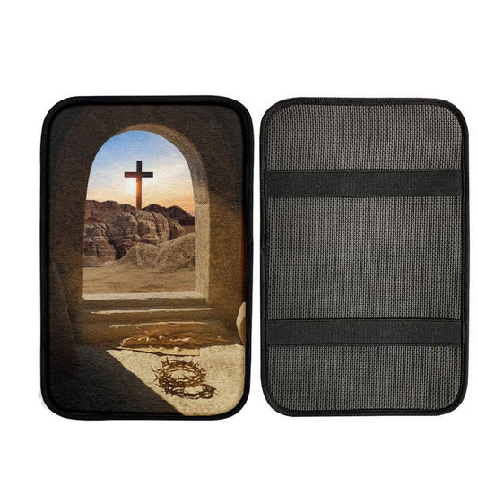 Empty Tomb Crown Of Thorns Rugged Cross Car Center Console Cover, Cross Car Interior Accessories