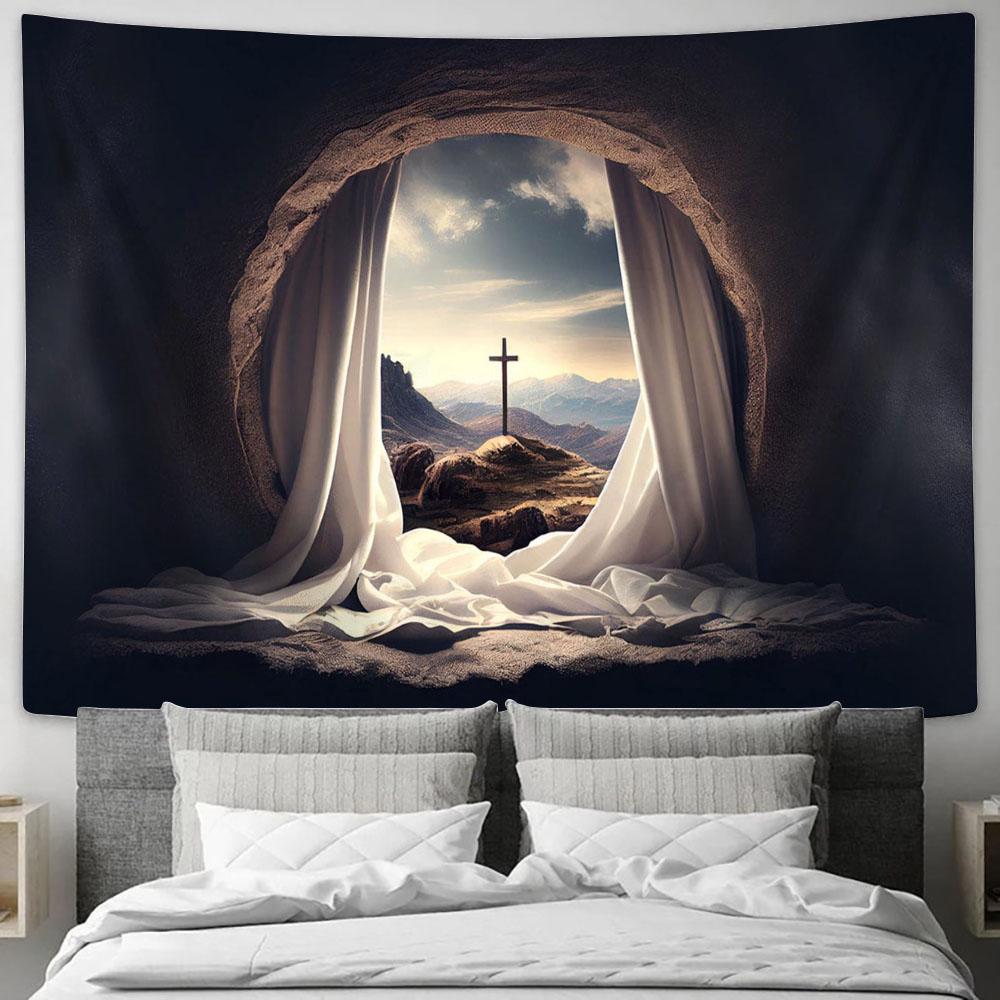 Empty Tomb Crucifixion Sunrise With White Robe Tapestry Pictures - Faith Art - Christian Tapestry Wall Art Decor