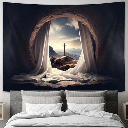 Empty Tomb Crucifixion Sunrise With White Robe Tapestry Pictures - Faith Art - Christian Tapestry Wall Art Decor