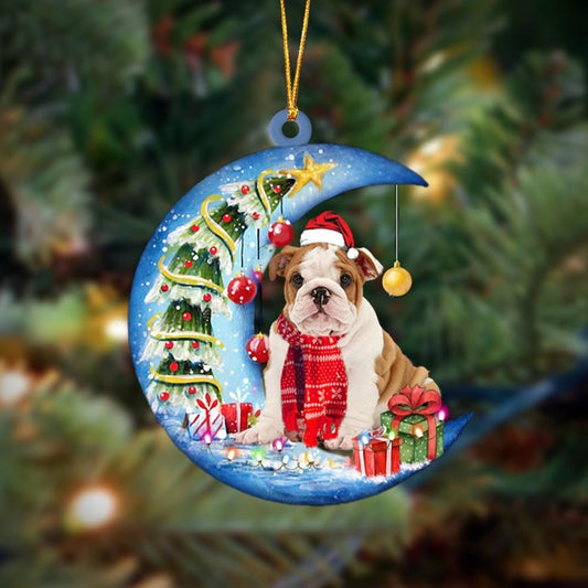 English Bulldog Sits On The Moon Merry Christmas Hanging Ornament, Christmas Gift, Christmas Tree Decorations, Christmas Ornament 2023