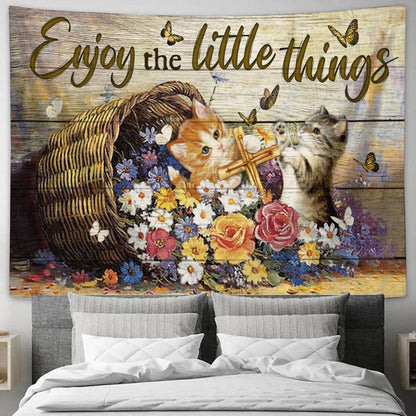 Enjoy The Little Things Flower Cat Cross Large Tapestry Art - Christian Wall Art Home Decor - Religious Tapestry Prints