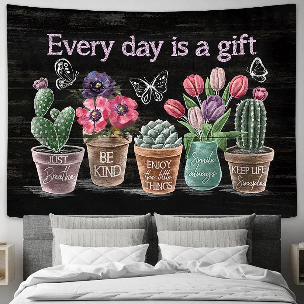 Every Day Is A Gift Flower Rustic Cactus Tulip Flower Butterfly Large Tapestry - Christian Wall Art - Bible Verse Tapestry Art