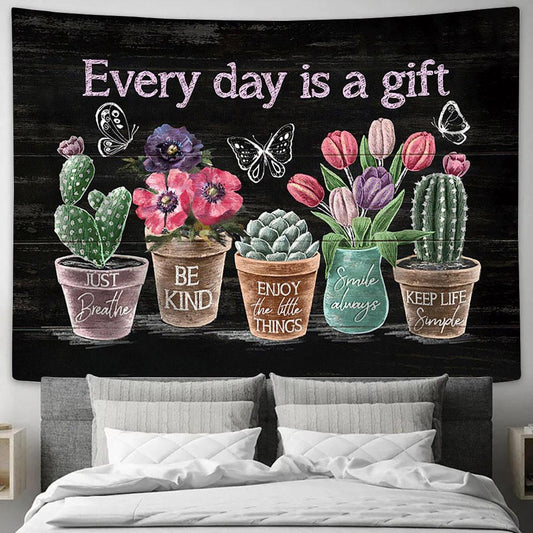 Every Day Is A Gift Flower Rustic Cactus Tulip Flower Butterfly Large Tapestry - Christian Wall Art - Bible Verse Tapestry Art