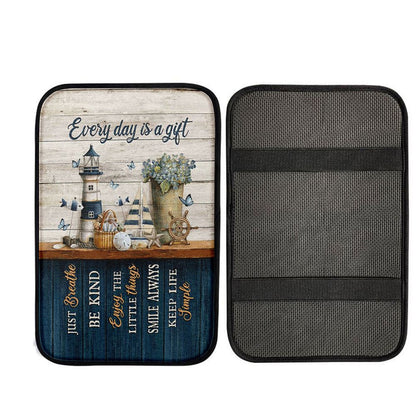 Every Day Is A Gift Lighthouse Butterfly Car Center Console Cover, Christian Car Armrest Accessories