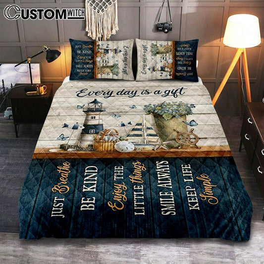 Every Day Is A Gift Lighthouse Butterfly Quilt Bedding Set Bedroom - Christian Quilt Bedding Set Prints - Bible Verse Quilt Bedding Set Art