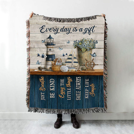Every Day Is A Gift Lighthouse Butterfly Woven Throw Blanket - Christian Woven Blanket Prints - Bible Verse Woven Blanket Art