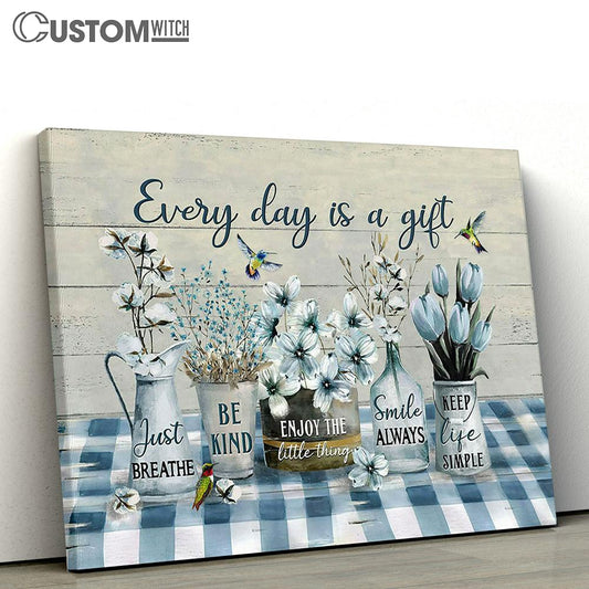 Every Day Is A Gift White Cotton Flower Blue Tulip Hummingbird Canvas Prints - Religious Canvas Art - Christian Home Decor
