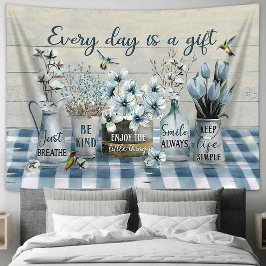 Every Day Is A Gift White Cotton Flower Blue Tulip Hummingbird Tapestry Prints - Religious Tapestry Art - Christian Home Decor