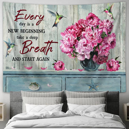 Every Day Is A New Begining Hummingbirds Carnation Vase Large Tapestry Art - Christian Wall Art Home Decor - Religious Tapestry Prints