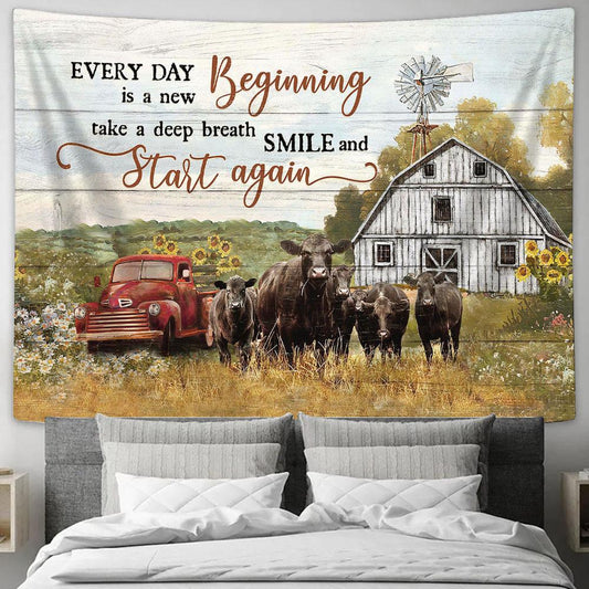 Every Day Is A New Beginning Aberdeen Angus Sunflower Car Tapestry Wall Art - Bible Verse Tapestry - Religious Tapestry Wall Hanging