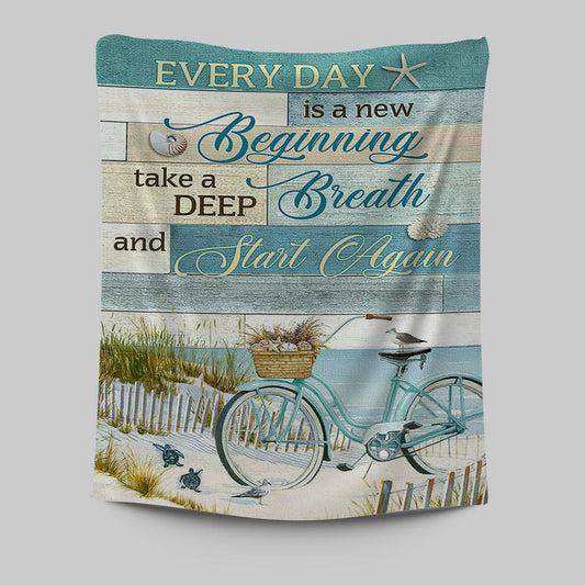 Every Day Is A New Beginning Bicycle Beach Tapestry Art - Christian Art - Bible Verse Wall Art - Religious Home Decor