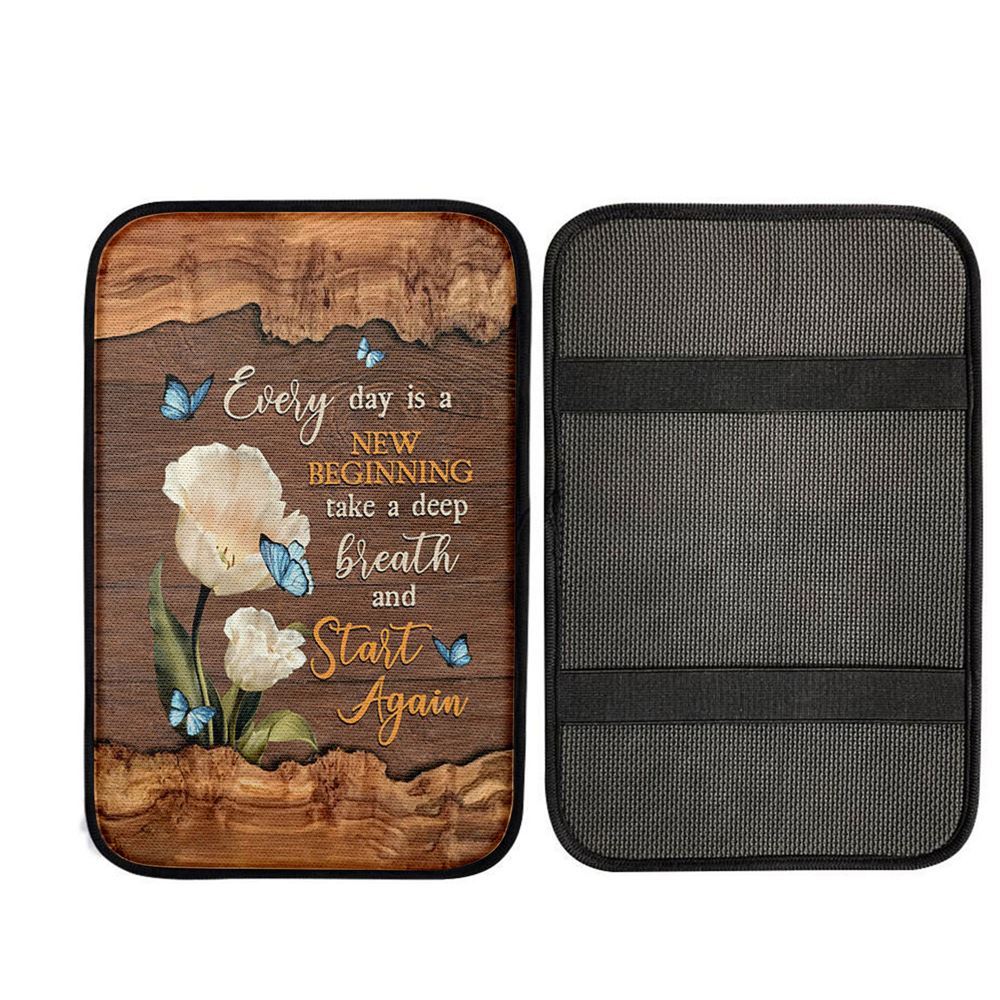 Every Day Is A New Beginning Blue Butterfly White Tulip Car Center Console Cover, Christian Car Armrest Accessories