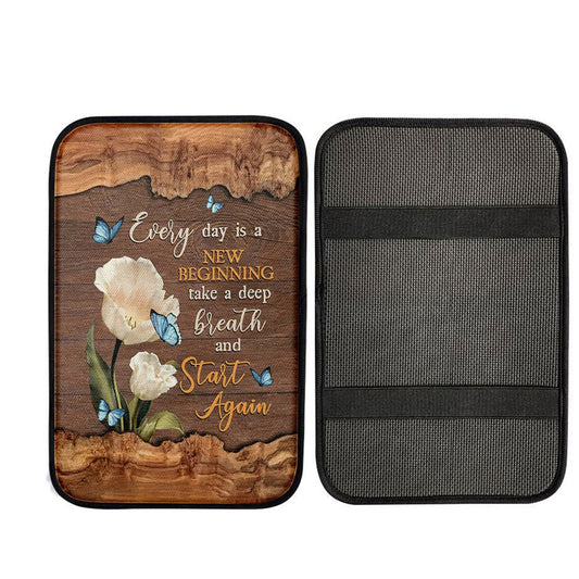 Every Day Is A New Beginning Blue Butterfly White Tulip Car Center Console Cover, Christian Car Armrest Accessories