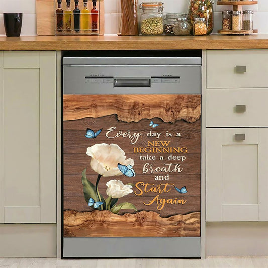 Every Day Is A New Beginning Blue Butterfly White Tulip Dishwasher Cover, Bible Verse Dishwasher Magnet Cover, Christian Inspirational Kitchen Decor