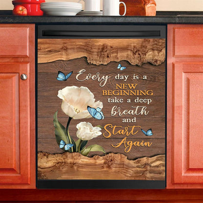 Every Day Is A New Beginning Blue Butterfly White Tulip Dishwasher Cover, Bible Verse Dishwasher Magnet Cover, Christian Inspirational Kitchen Decor