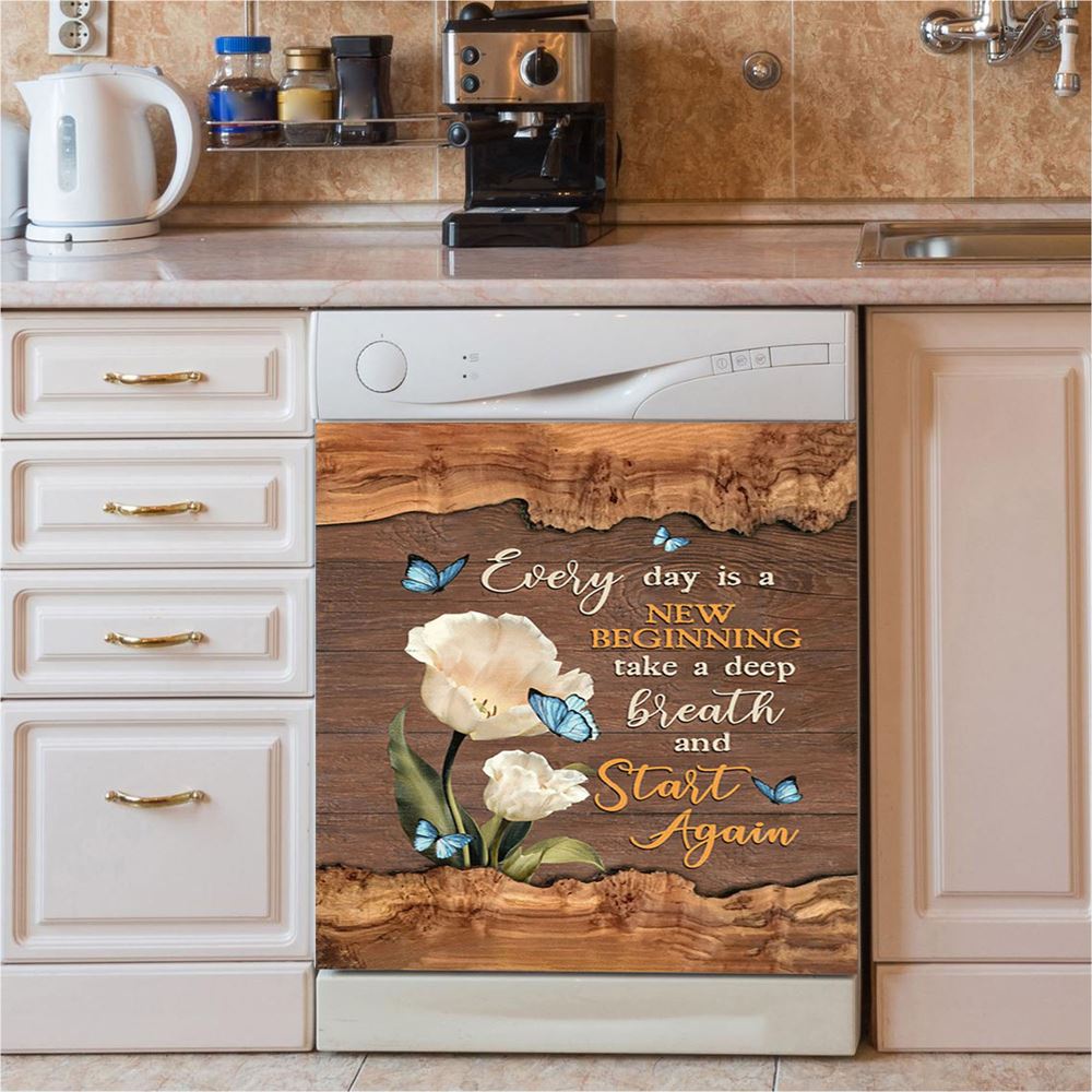 Every Day Is A New Beginning Blue Butterfly White Tulip Dishwasher Cover, Bible Verse Dishwasher Magnet Cover, Christian Inspirational Kitchen Decor