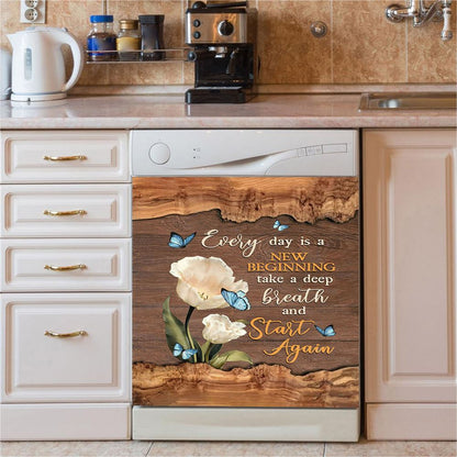 Every Day Is A New Beginning Blue Butterfly White Tulip Dishwasher Cover, Bible Verse Dishwasher Magnet Cover, Christian Inspirational Kitchen Decor