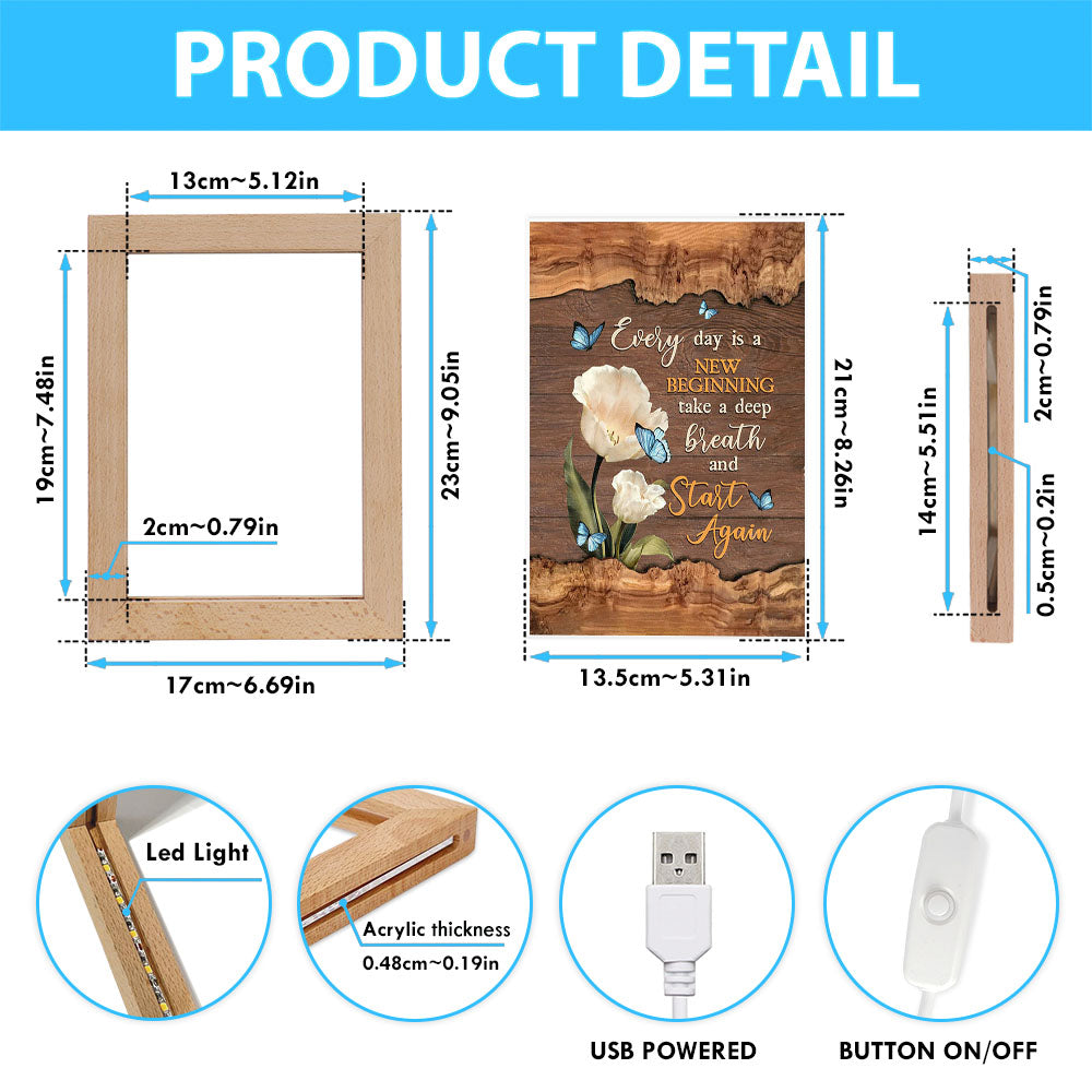 Every Day Is A New Beginning Blue Butterfly White Tulip Frame Lamp Art - Bible Verse Art - Christian Inspirational Decor