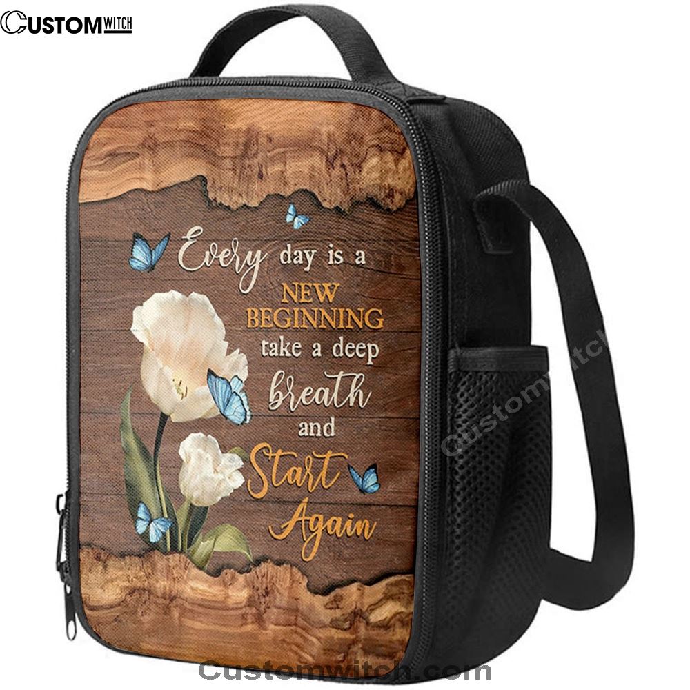 Every Day Is A New Beginning Blue Butterfly White Tulip Lunch Bag, Christian Lunch Bag, Religious Lunch Box For School, Picnic