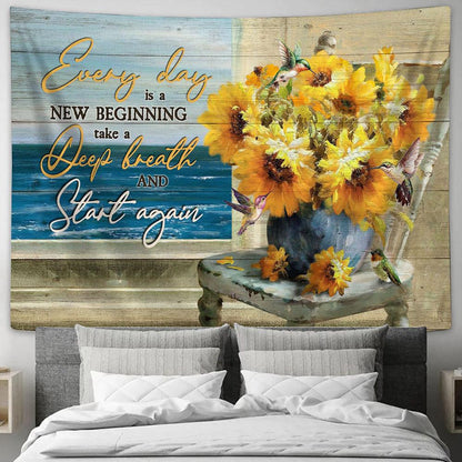 Every Day Is A New Beginning Blue Ocean Sunflower Wall Art Tapestry - Christian Wall Art - Religious Art