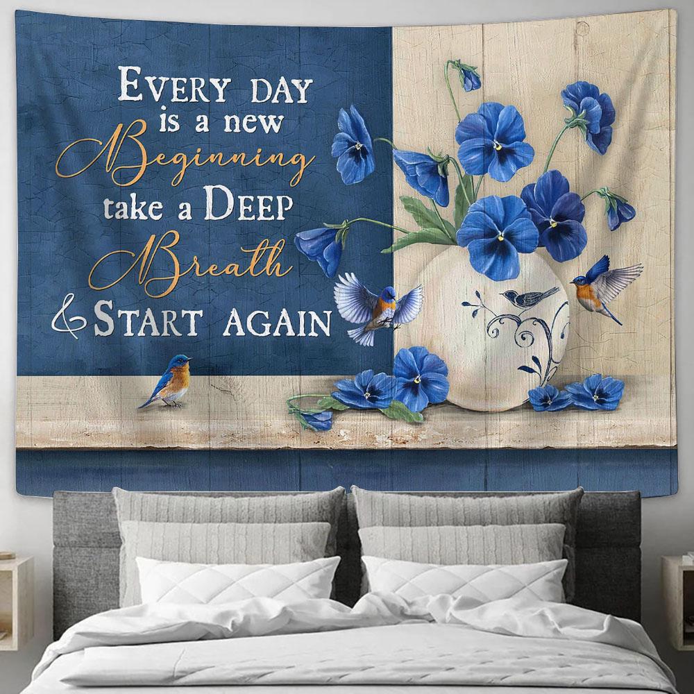 Every Day Is A New Beginning Blue Pansy Wall Art Tapestry - Christian Wall Art - Religious Art