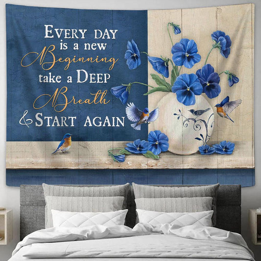 Every Day Is A New Beginning Blue Pansy Wall Art Tapestry - Christian Wall Art - Religious Art