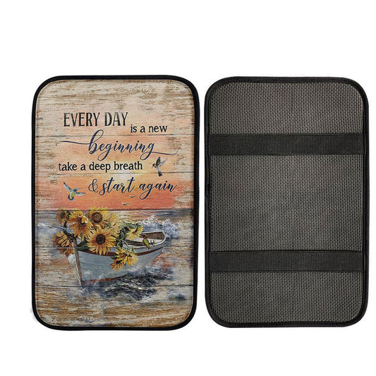 Every Day Is A New Beginning Boat Drawing Sunflower Vase Car Armrest Pad, Christian Car Armrest Accessories