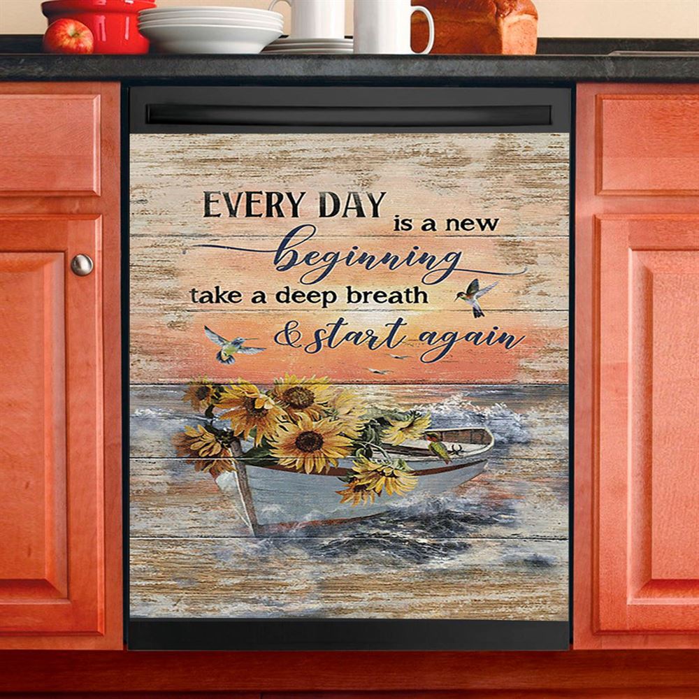 Every Day Is A New Beginning Boat Drawing Sunflower Vase Dishwasher Cover, Christian Dishwasher Magnet Cover, Religious Home Decor