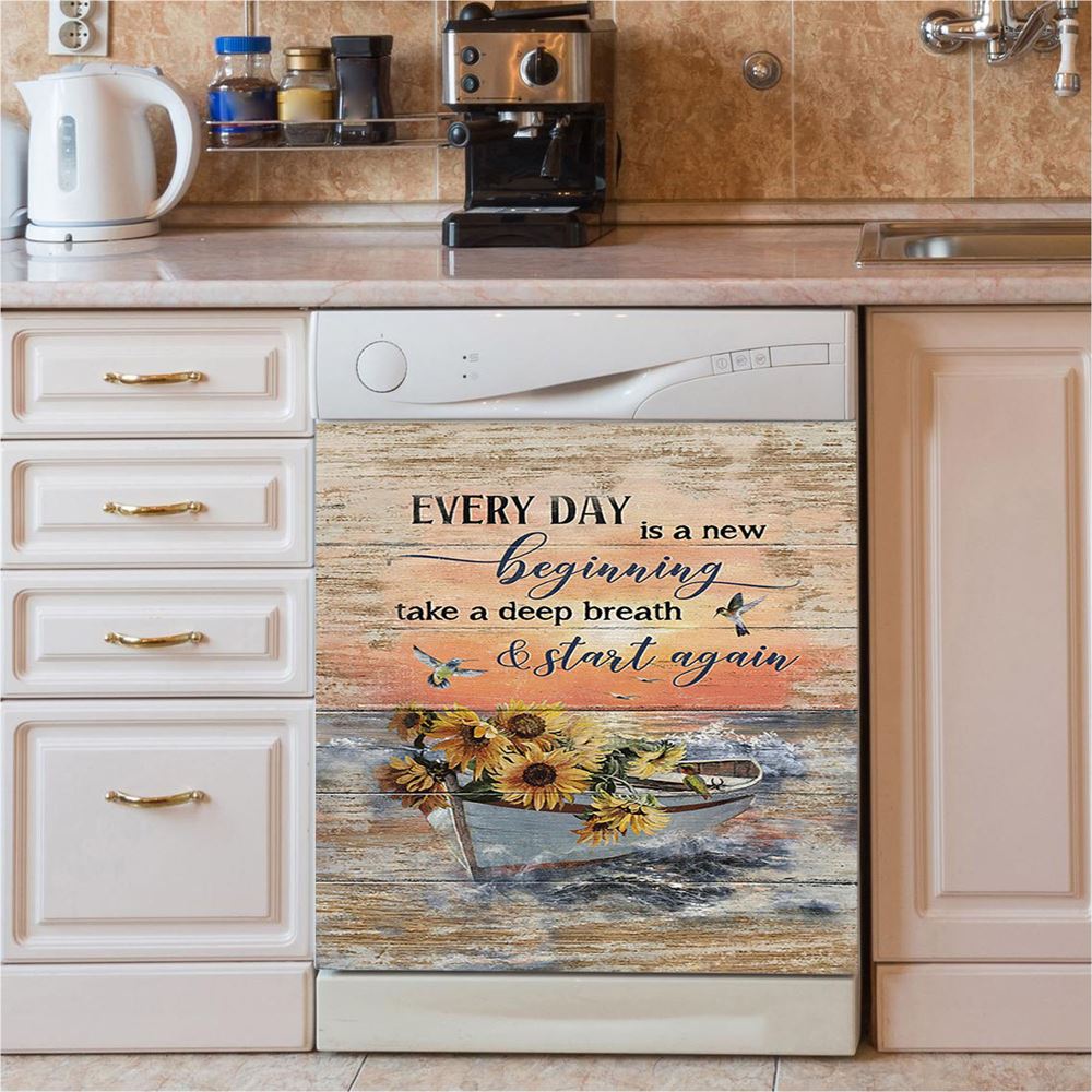 Every Day Is A New Beginning Boat Drawing Sunflower Vase Dishwasher Cover, Christian Dishwasher Magnet Cover, Religious Home Decor