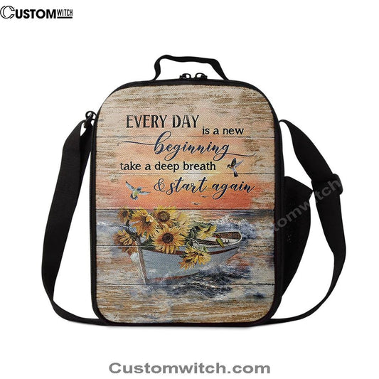 Every Day Is A New Beginning Boat Drawing Sunflower Vase Lunch Bag, Christian Lunch Bag, Religious Lunch Box For School, Picnic