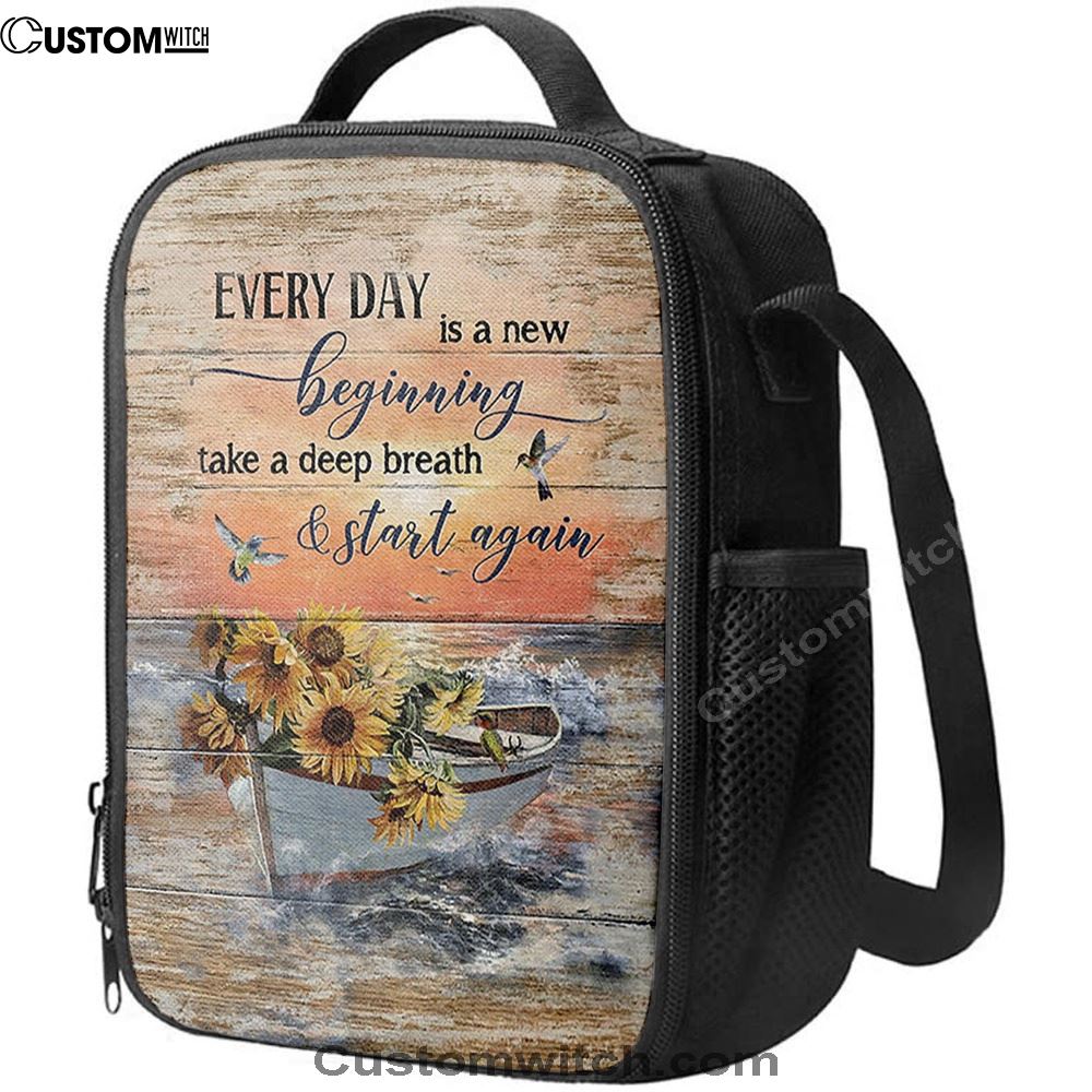 Every Day Is A New Beginning Boat Drawing Sunflower Vase Lunch Bag, Christian Lunch Bag, Religious Lunch Box For School, Picnic