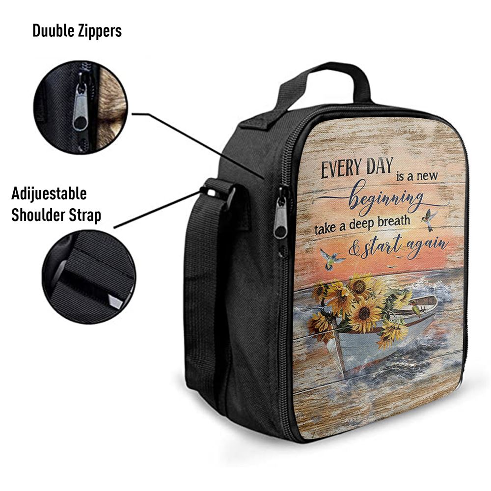 Every Day Is A New Beginning Boat Drawing Sunflower Vase Lunch Bag, Christian Lunch Bag, Religious Lunch Box For School, Picnic