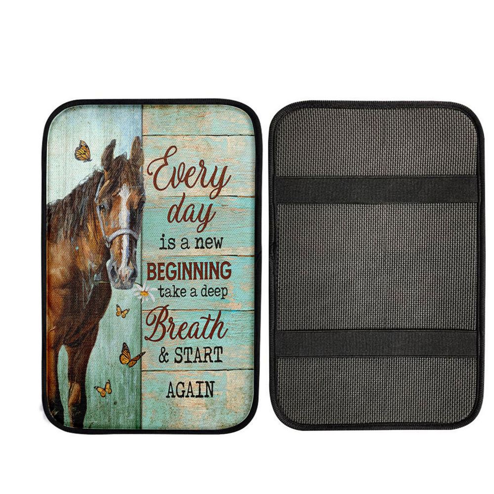 Every Day Is A New Beginning Brown Horse Monarch Butterfly Car Center Console Cover, Christian Car Accessories