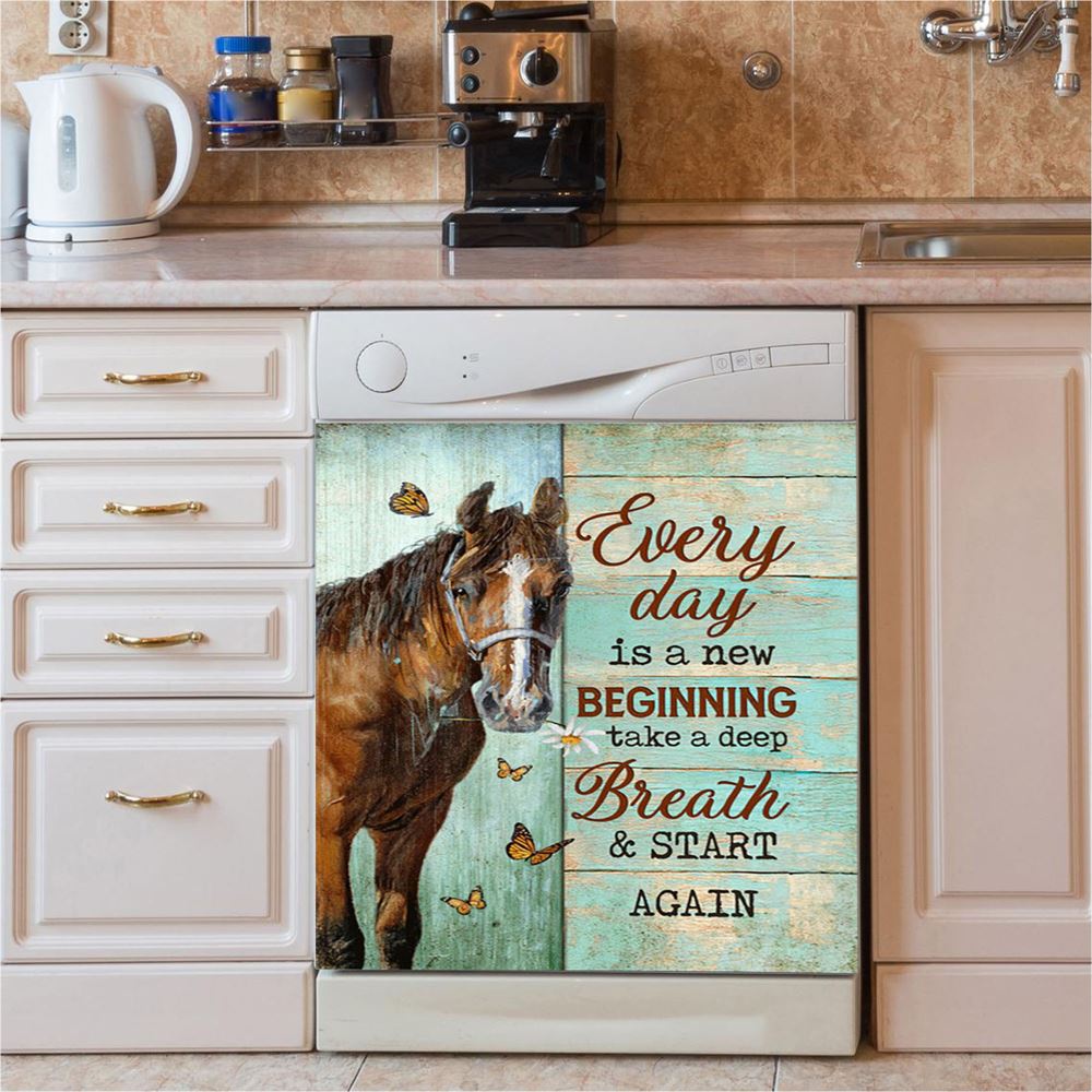 Every Day Is A New Beginning Brown Horse Monarch Butterfly Dishwasher Cover, Christian Dishwasher Magnet Cover