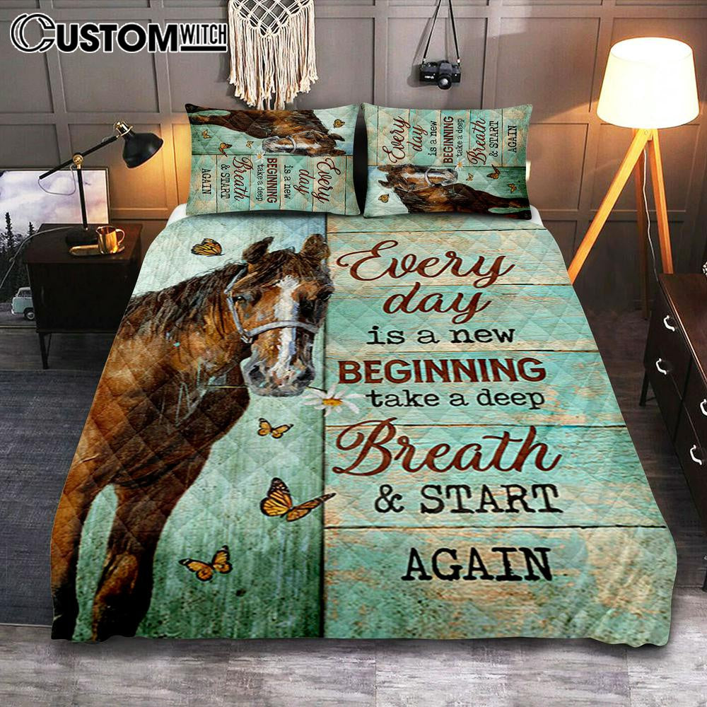 Every Day Is A New Beginning Brown Horse Monarch Butterfly Quilt Bedding Set Bedroom - Christian Quilt Bedding Set Prints