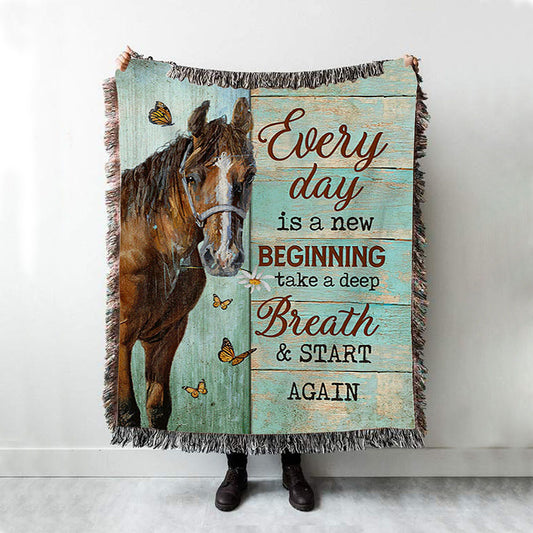 Every Day Is A New Beginning Brown Horse Monarch Butterfly Woven Throw Blanket - Christian Woven Blanket Prints