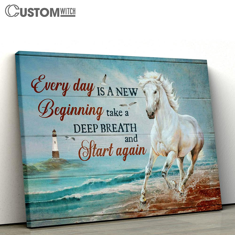 Every Day Is A New Beginning Canvas - Blue Ocean, Running Horse, Lighthouse Wall Art Canvas - Christian Wall Art - Religious Art