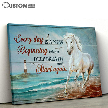 Every Day Is A New Beginning Canvas - Blue Ocean, Running Horse, Lighthouse Wall Art Canvas - Christian Wall Art - Religious Art