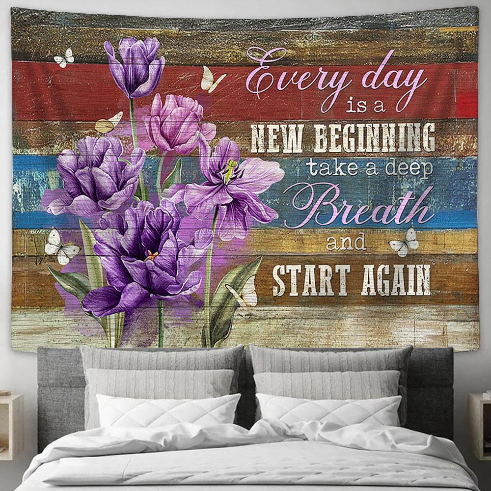 Every Day Is A New Beginning Purple Flower Butterfly Large Tapestry - Christian Wall Art - Bible Verse Tapestry Art