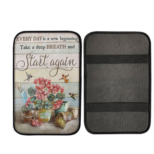 Every Day Is A New Beginning Red Geranium Hummingbird Car Center Console Cover, Christian Car Accessories