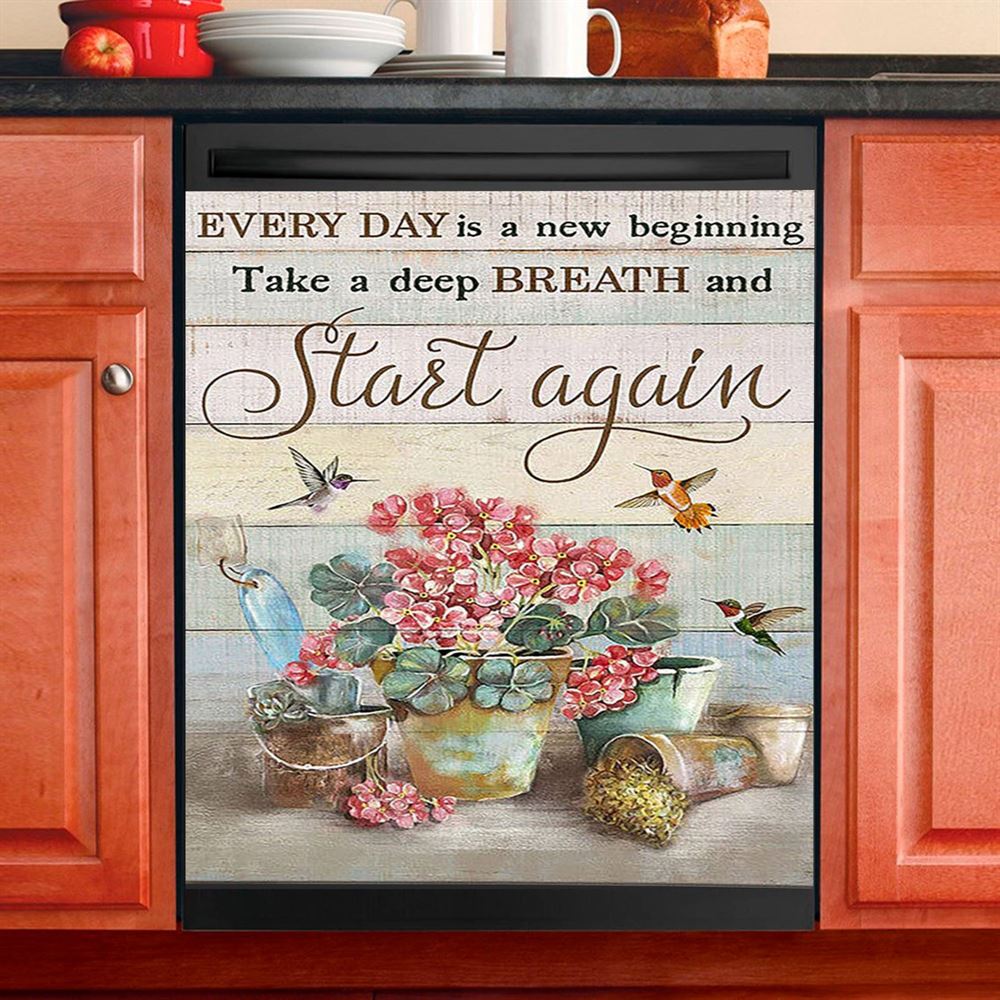 Every Day Is A New Beginning Red Geranium Hummingbird Dishwasher Cover, Christian Dishwasher Magnet Cover, Bible Verse Kitchen Decor