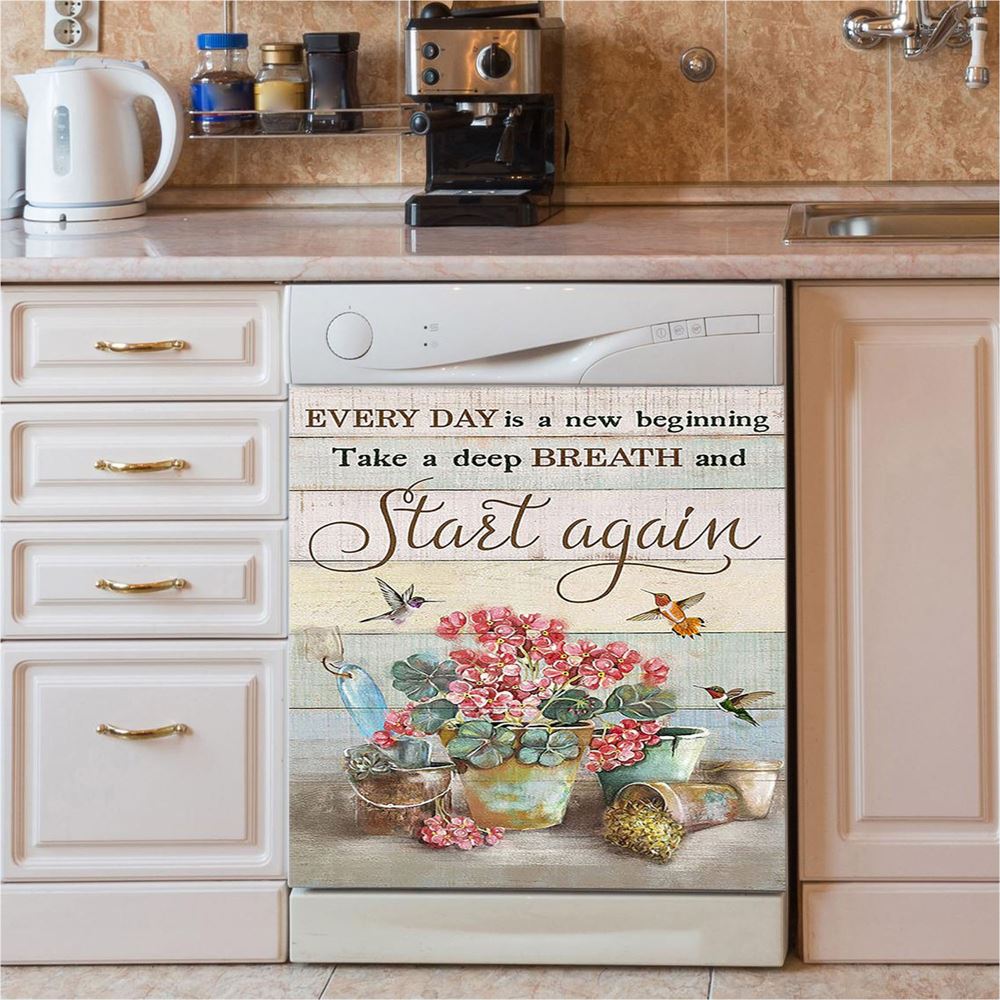 Every Day Is A New Beginning Red Geranium Hummingbird Dishwasher Cover, Christian Dishwasher Magnet Cover, Bible Verse Kitchen Decor