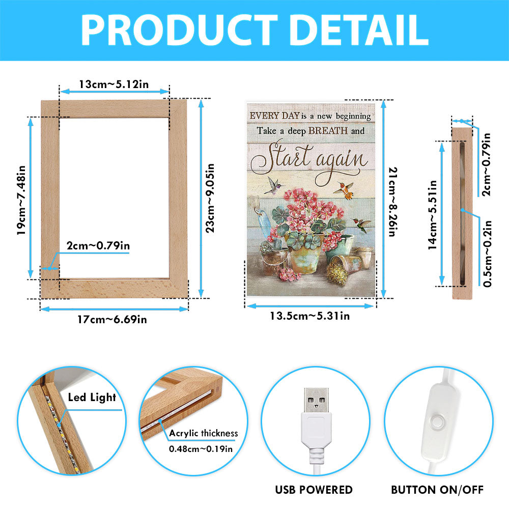 Every Day Is A New Beginning Red Geranium Hummingbird Frame Lamp Art - Christian Art - Bible Verse Art - Religious Home Decor