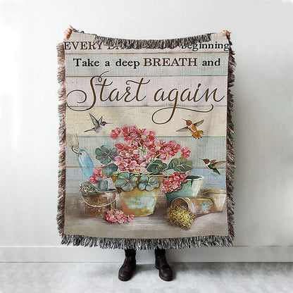 Every Day Is A New Beginning Red Geranium Hummingbird Woven Blanket Art - Christian Art - Bible Verse Throw Blanket - Religious Home Decor