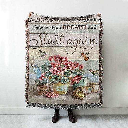 Every Day Is A New Beginning Red Geranium Hummingbird Woven Blanket Art - Christian Art - Bible Verse Throw Blanket - Religious Home Decor