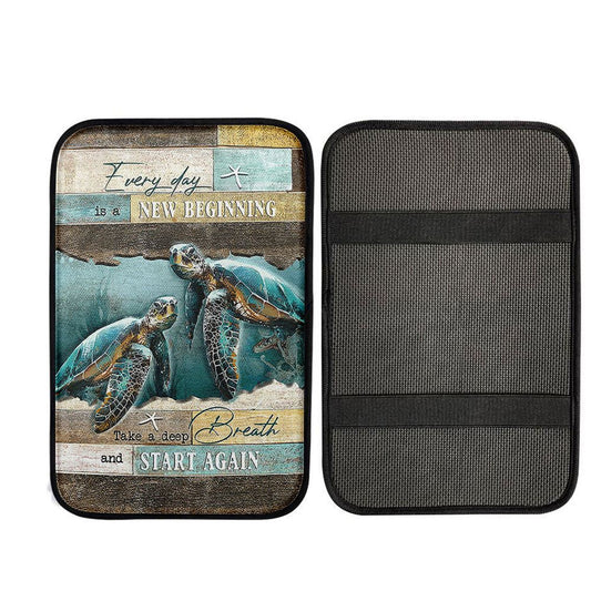 Every Day Is A New Beginning Sea Turtle Deep Ocean White Starfish Car Center Console Cover, Christian Car Accessories